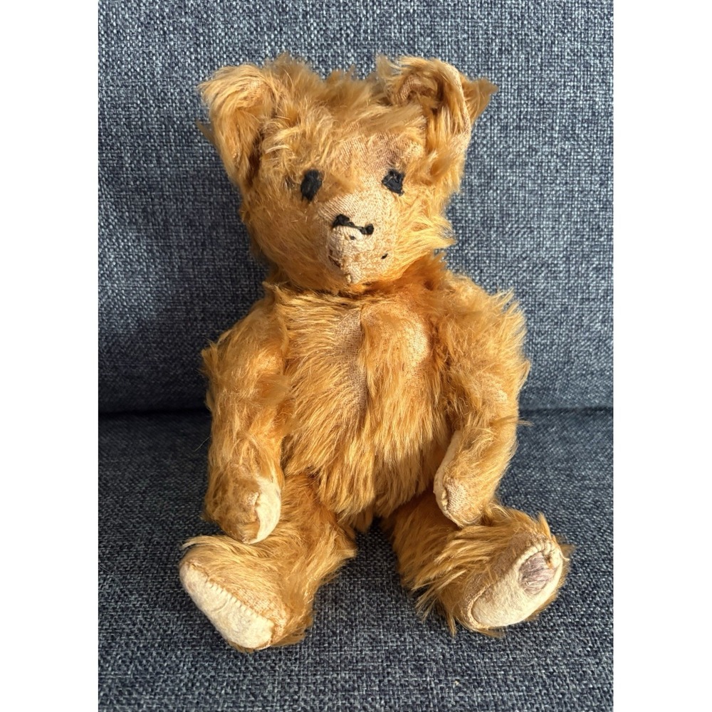 Antique vintage mohair fur plush stuffed animal jointed teddy bear amber small